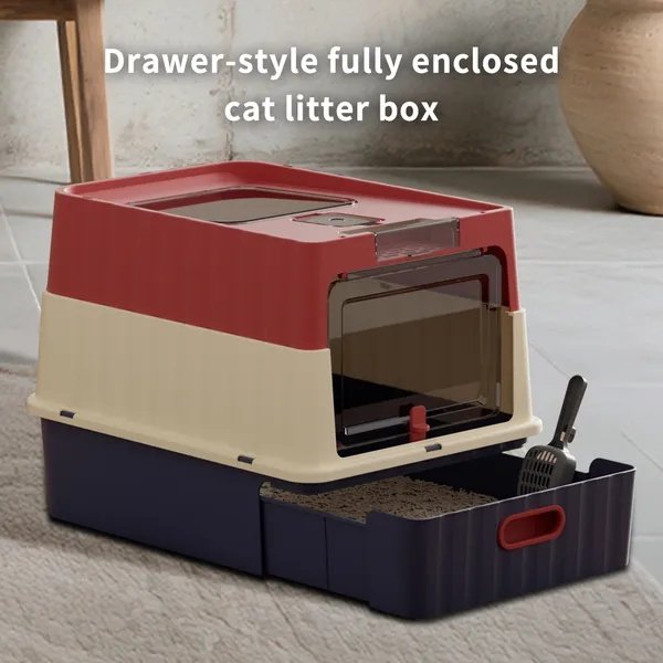 Simple Drawer Style Red Cat Litter Box, Humanized Design, Does Not Occupy Household Storage Space