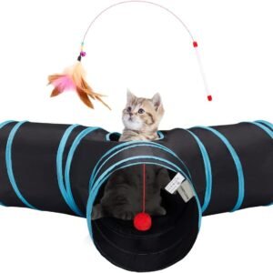 Pet Cat Tunnel Tube Toys 3 Way Collapsible, Tunnels For Indoor Cats, Interactive Tube With Teaser Wand, Peek Holes