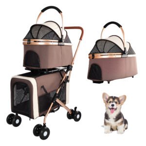 3-in-1 Double Pet Stroller For Small Medium Dogs Cats, Foldable Frame Convertible Pet Carrier Tote, Shockproof Wheels With Brake System, Dual Fixed Safety Leashes For Multi-Pet Households