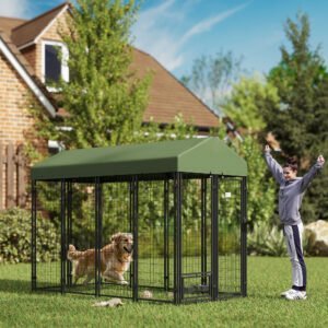 Outdoor Dog Kennel with Rotating Bowl Holders, Pet Playpen with Waterproof Cover, 8 x 4 x 6, Green