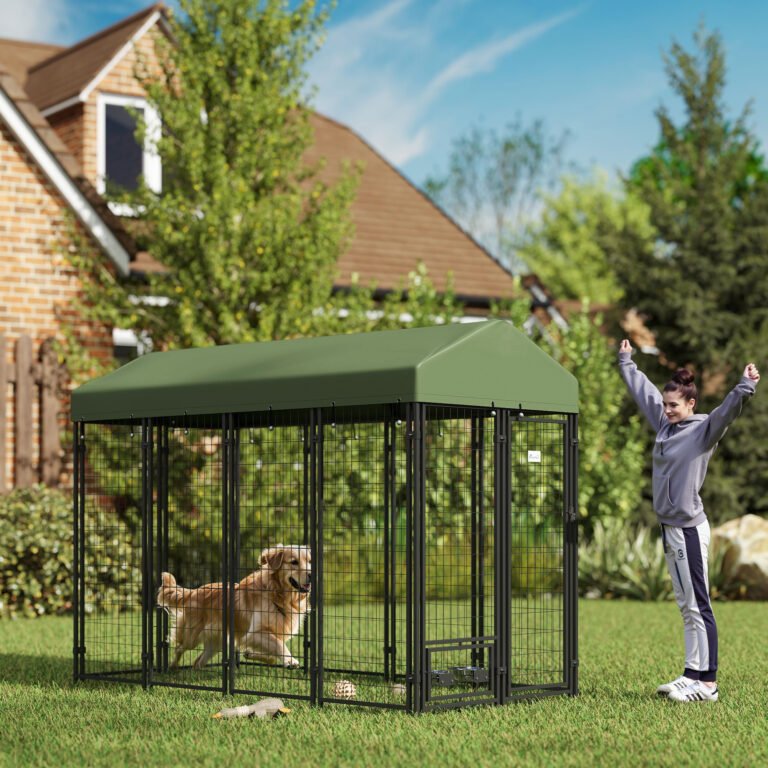 Outdoor Dog Kennel with Rotating Bowl Holders, Pet Playpen with Waterproof Cover, 8 x 4 x 6, Green