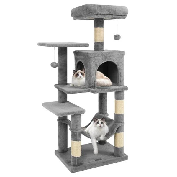 44″ Multi-Level Cat Tree With Spacious Top Perch, 2-Door Condo & Hammock For Indoor Cats -Light Gray