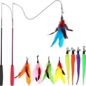 Cat Toys For Indoor Cats, Interactive Cat Toy 2PCS Retractable Wand Toy And 9PCS Cat Feather Toys Refills, Funny Kitten Toys Cat Fishing Pole Toy For
