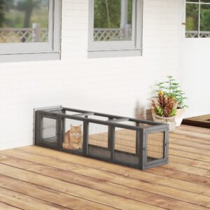 Outdoor Cat Tunnel, 59" Wooden Play Cat Enclosure, Extendable Pet Run With 3 Doors For Kitty, Puppy, Gray
