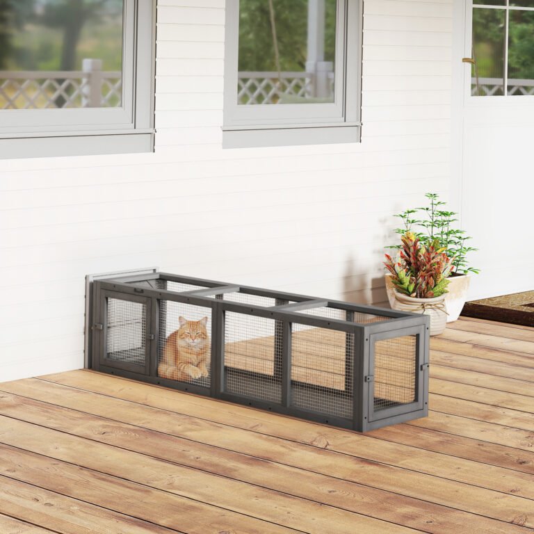 Outdoor Cat Tunnel, 59″ Wooden Play Cat Enclosure, Extendable Pet Run With 3 Doors For Kitty, Puppy, Gray