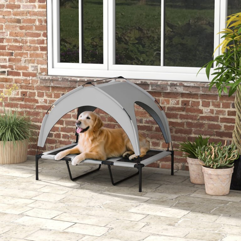 Elevated Dog Bed with Canopy, Raised Outdoor Pet Bed for Camping with Washable Breathable Mesh, 42″ x 30″ x 37″