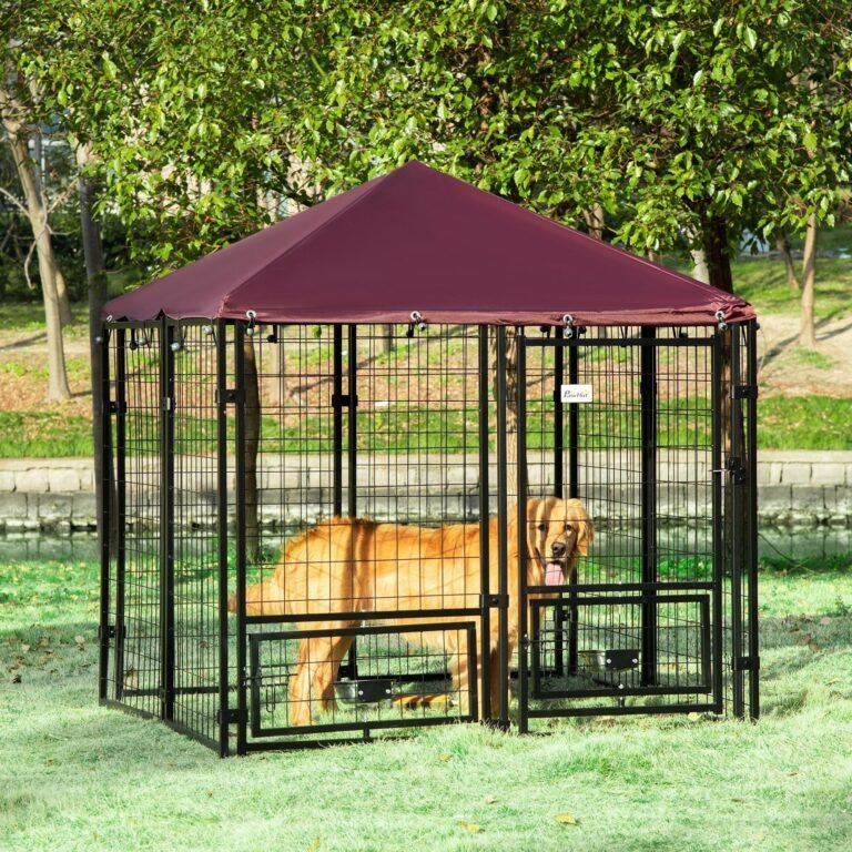 Outdoor Dog Kennel With Rotating Bowl Holders, Pet Playpen With Waterproof Cover, 4.6′ X 4.6′ X 5′, Red
