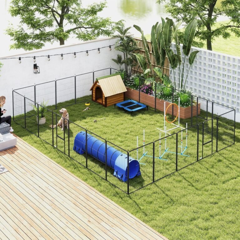 Dog Playpen for Indoor Outdoor, 24 Panels 39″ H Puppy Playpen with Lockable Door, DIY Shape Pet Exercise Fence, Gray