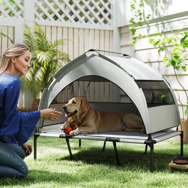 Elevated Dog Bed with Removable Canopy, Portable Outside Raised Pet Cot with Cooling Pad, Storage Bag, 42″ x 30″ x 37″