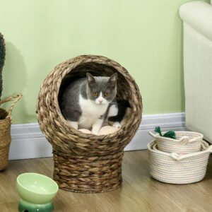 Handwoven Elevated Cat Bed with Soft Cushion & Egg Chair Shape, Basket Bed Kitty House with Stand, Raised Wicker House for Indoor Cats, 20" H, Gray