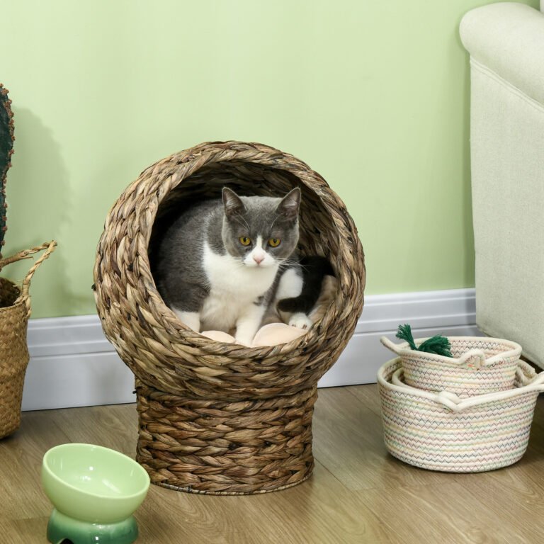 Handwoven Elevated Cat Bed with Soft Cushion & Egg Chair Shape, Basket Bed Kitty House with Stand, Raised Wicker House for Indoor Cats, 20″ H, Gray
