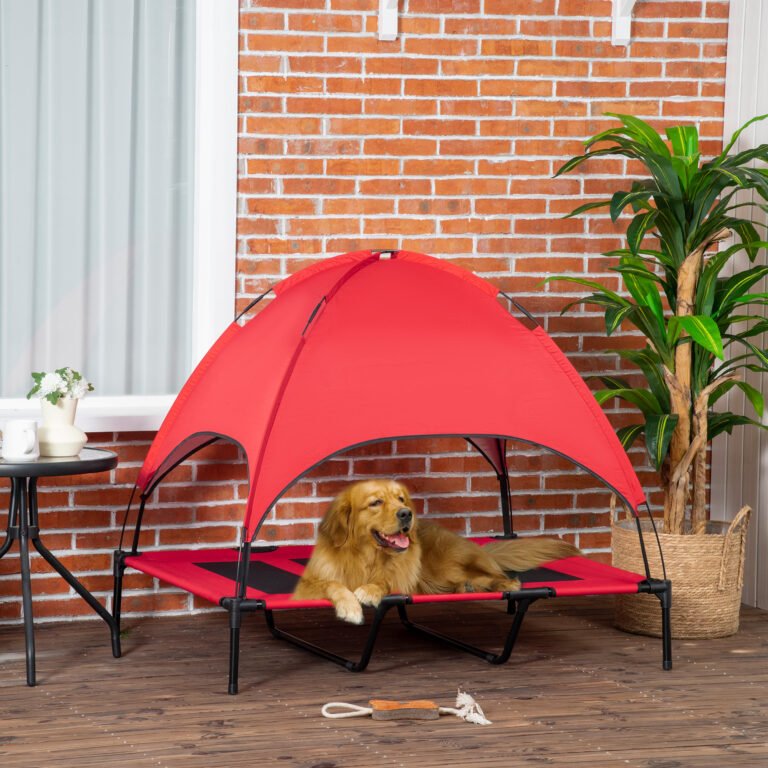 48″ x 36″ Elevated Portable Dog Cot Cooling Pet Bed with UV Protection Canopy Shade, Red