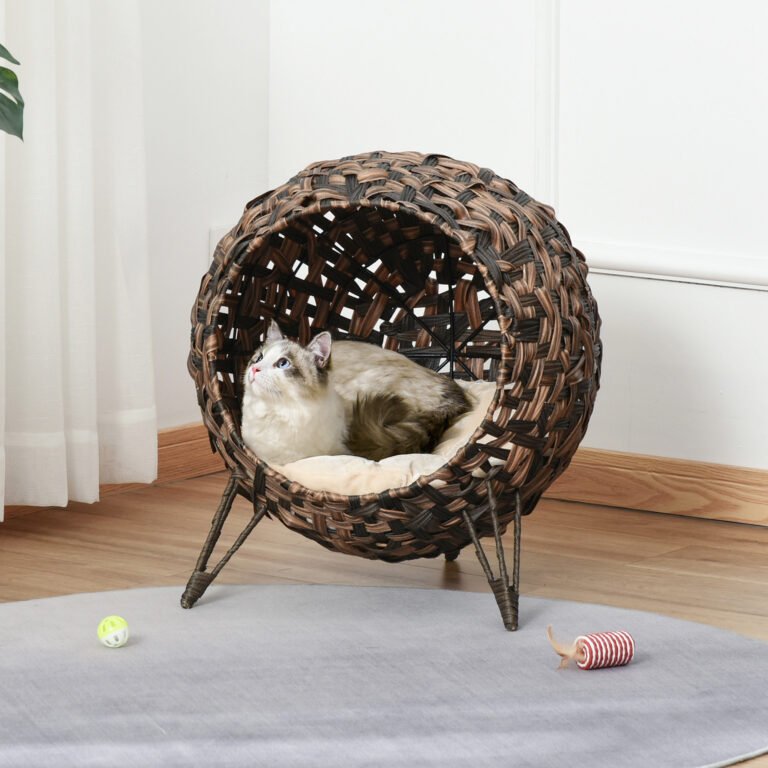 20.5″ Weaved Cat Bed, Elevated Hand-woven Braided Banana Leaf Kitten House Condo with Cushion, Brown