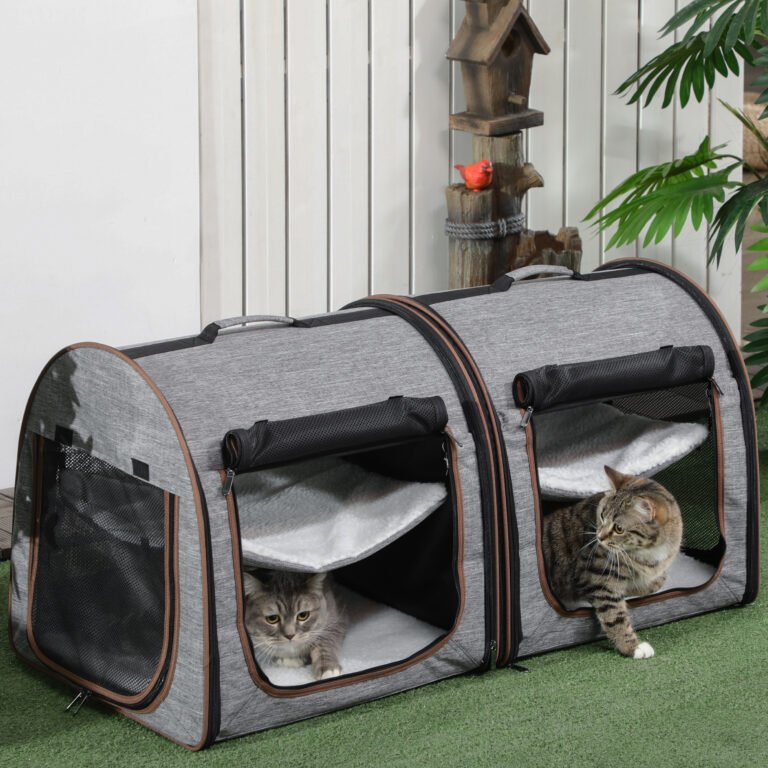 39″ Portable Soft-Sided Cat Carrier, Cat Kennel, Travel Dog Crate with Divider, Two Compartments, Soft Cushions & Storage Bag, Easy to Fold, Light Gray